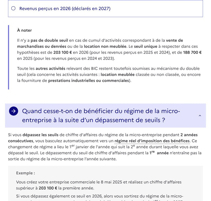 Service Public : plafonds de chiffre d'affaires de la micro-entreprise et passage au réel