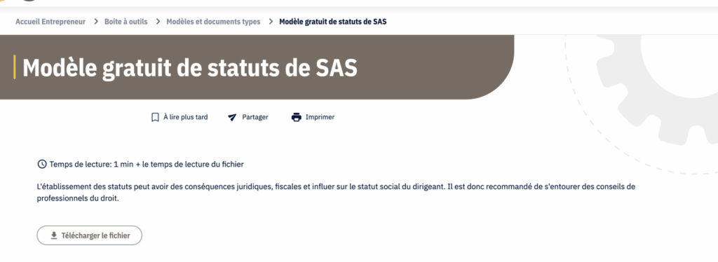Modèle gratuit de statuts de SAS proposé par Bpifrance Création