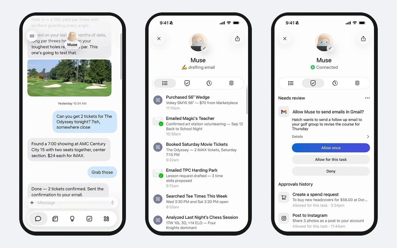 Interface de Muse : conversation, journal des actions et demande de validation