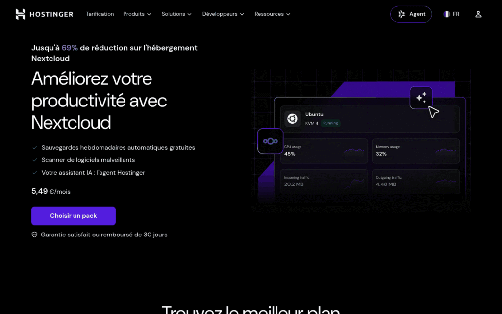 Capture d'écran de l'hébergement Nextcloud de Hostinger