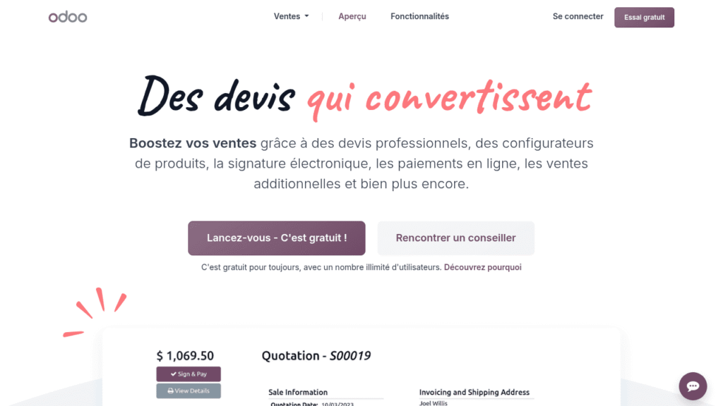 Capture d'écran de Odoo Ventes