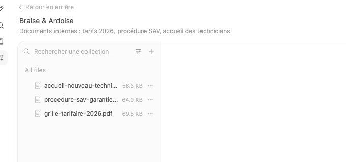 Base de connaissances Braise et Ardoise dans Open WebUI avec trois documents internes