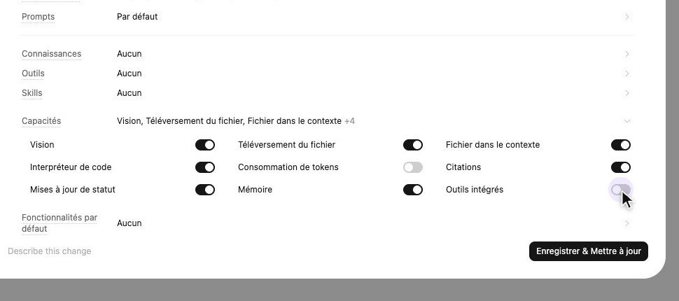 Capacités du modèle Qwen 3.5 dans Open WebUI avec l'option Outils intégrés à désactiver