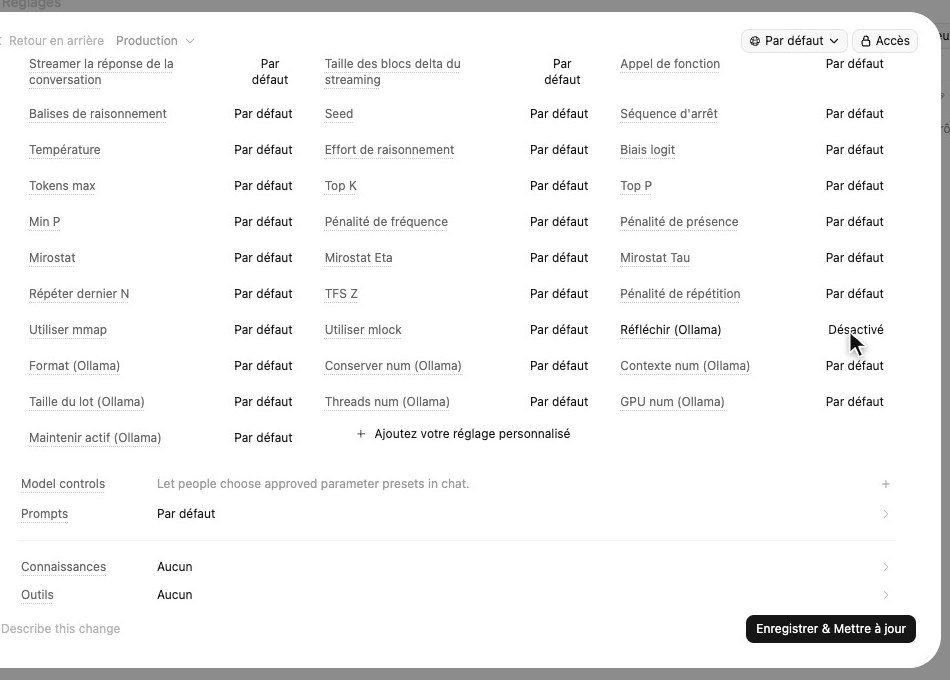 Réglages avancés du modèle dans Open WebUI avec le paramètre Réfléchir passé sur Désactivé