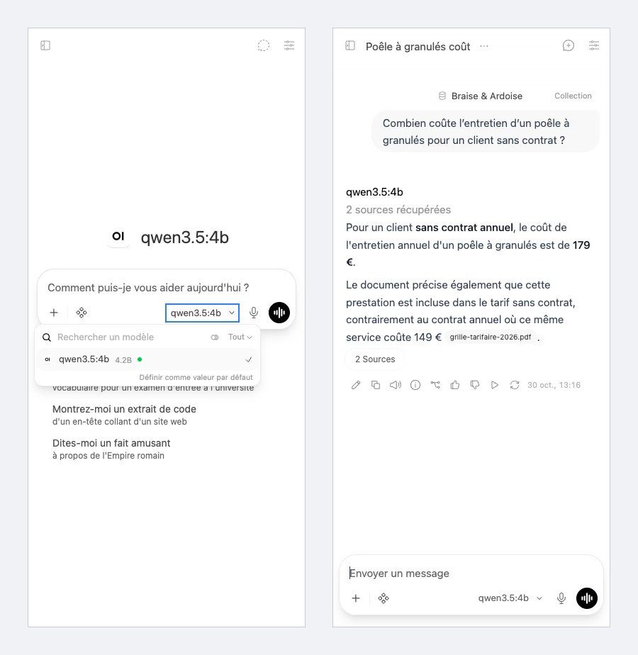 Open WebUI sur téléphone : choix du modèle Qwen 3.5 et réponse tirée de la grille tarifaire