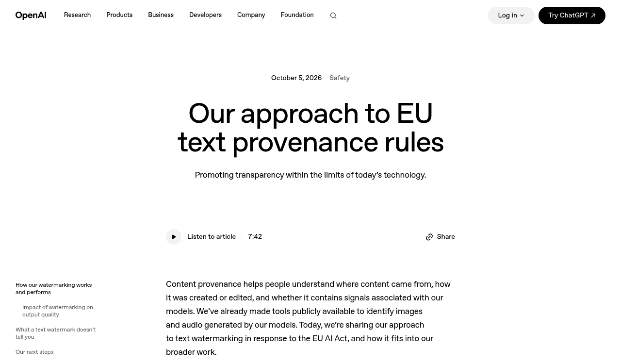 Annonce d'OpenAI du 5 octobre 2026 sur le filigrane des textes de ChatGPT dans l'Union européenne