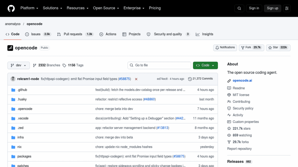 Capture d'écran du dépôt GitHub de OpenCode