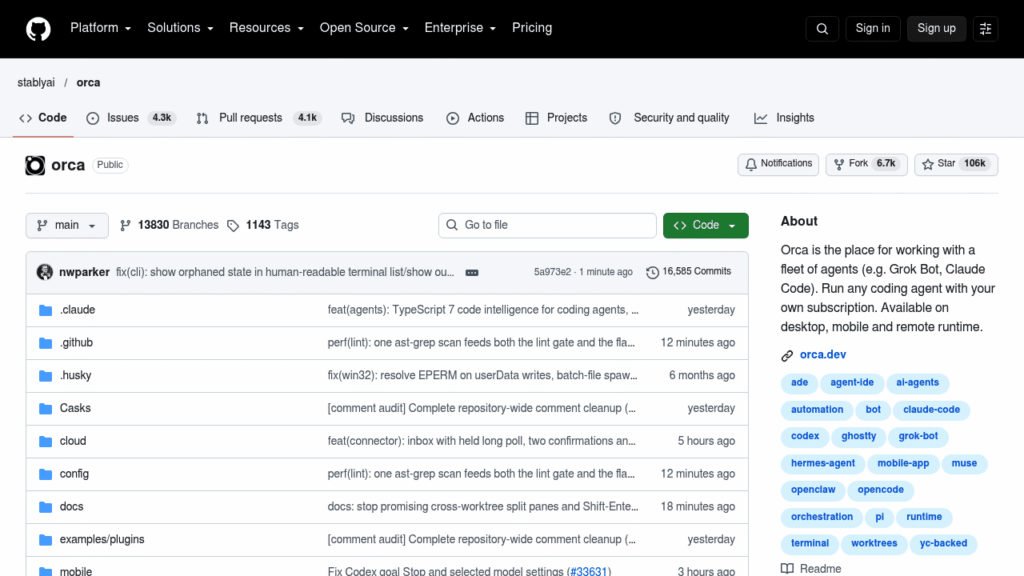 Capture d'écran du dépôt GitHub de Orca