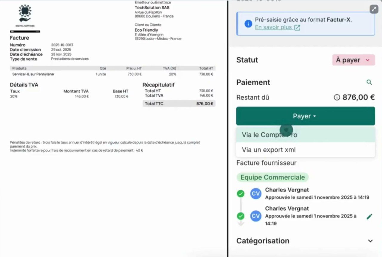 Bouton Payer d'une facture fournisseur dans Pennylane, via le Compte Pro ou un export XML