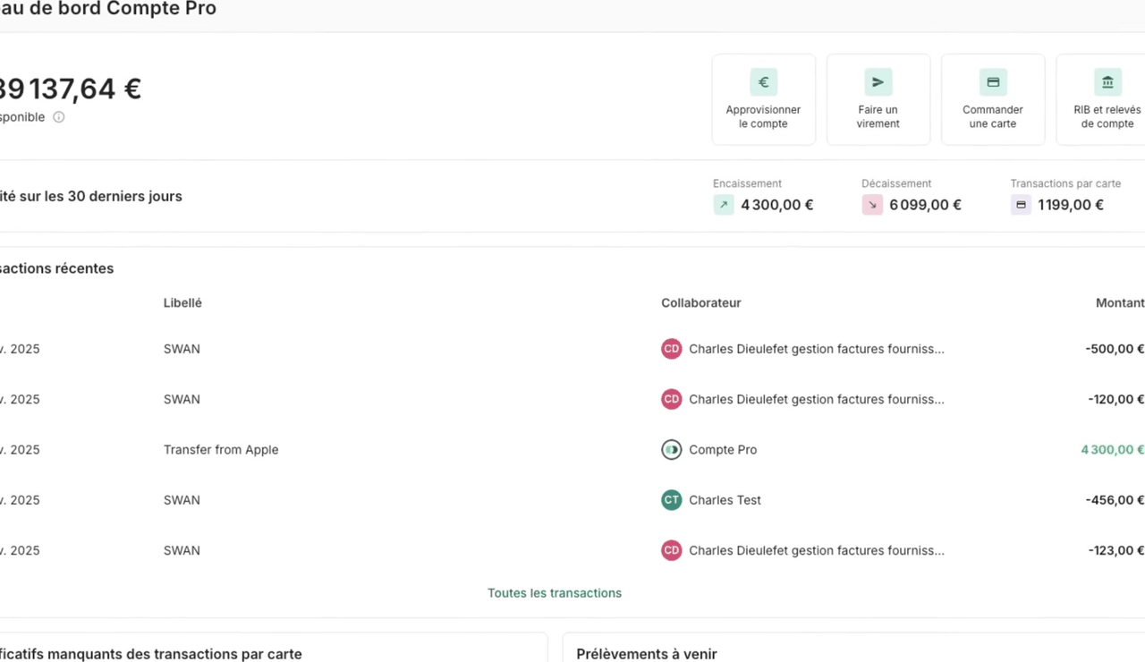 Tableau de bord du Compte Pro Pennylane avec les transactions récentes