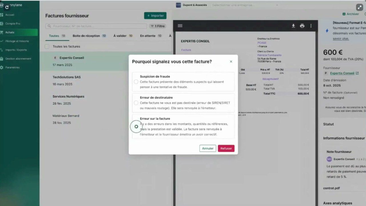 Contester une facture fournisseur dans Pennylane : fraude, erreur de destinataire ou erreur sur la facture