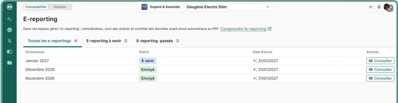 Module E-reporting de Pennylane avec les déclarations envoyées et à venir
