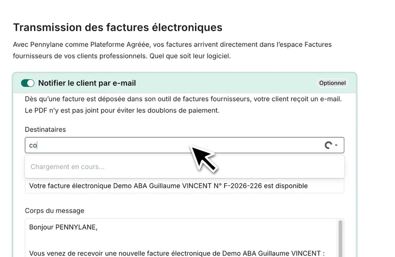 Envoi d'une facture électronique dans Pennylane avec notification du client par e-mail
