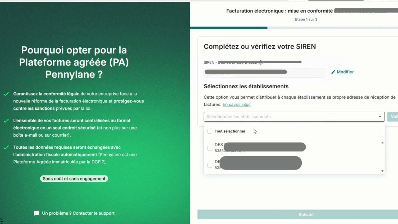 Inscription de Pennylane comme plateforme agréée : vérification du SIREN et choix des établissements