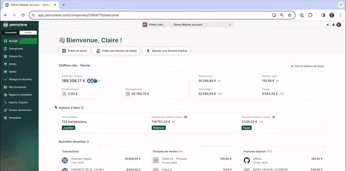 Page d'accueil de l'application Pennylane avec chiffres clés et actions à faire