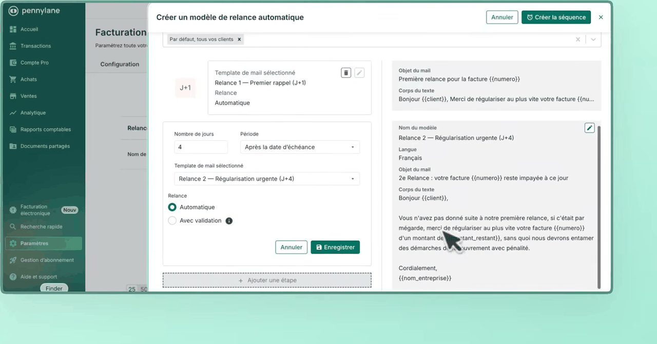 Création d'un scénario de relance automatique des factures impayées dans Pennylane