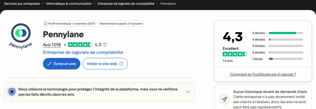 La note de Pennylane sur Trustpilot : 4,3 sur 5
