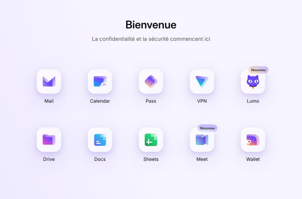 Les applications de Proton : Mail, Calendar, Pass, VPN, Lumo, Drive, Docs, Sheets, Meet et Wallet