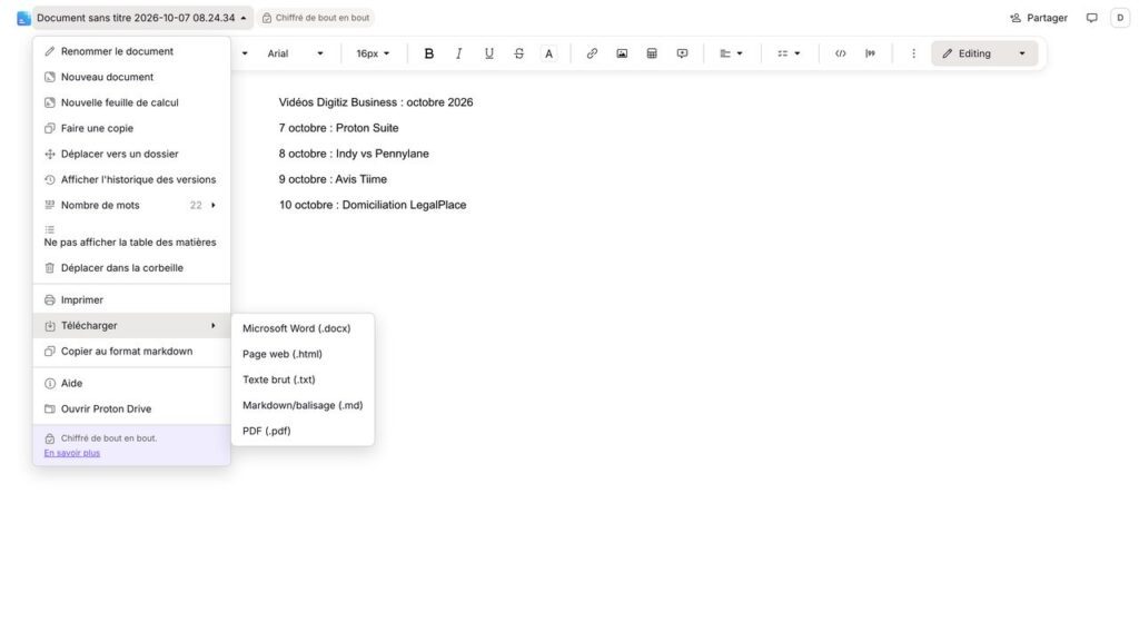 Proton Docs et son menu d'export en Word, PDF, Markdown ou texte