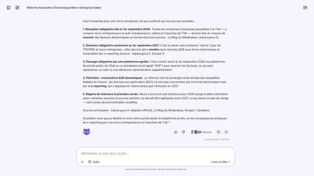 Réponse de l'assistant Lumo de Proton à une question sur la facturation électronique