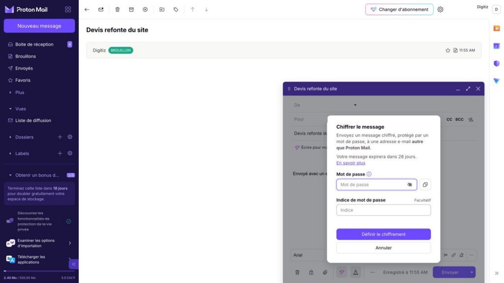 Envoi d'un e-mail protégé par mot de passe dans Proton Mail, avec expiration au bout de 28 jours