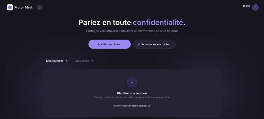Page d'accueil de Proton Meet pour créer une réunion chiffrée de bout en bout
