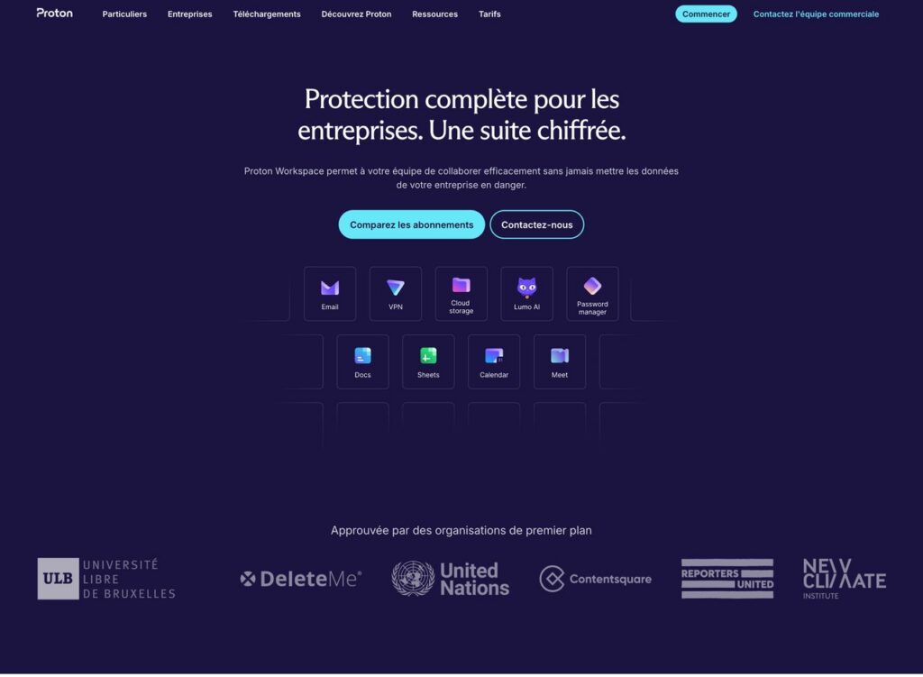 Page d'accueil de Proton Workspace, la suite chiffrée de Proton pour les entreprises