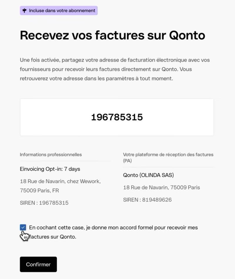 Activation de la réception des factures électroniques dans les paramètres de Qonto