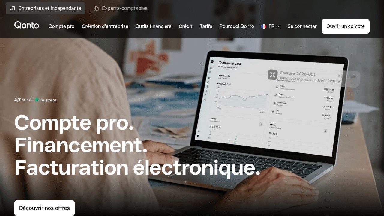 Page d'accueil de Qonto : compte pro, financement et facturation électronique