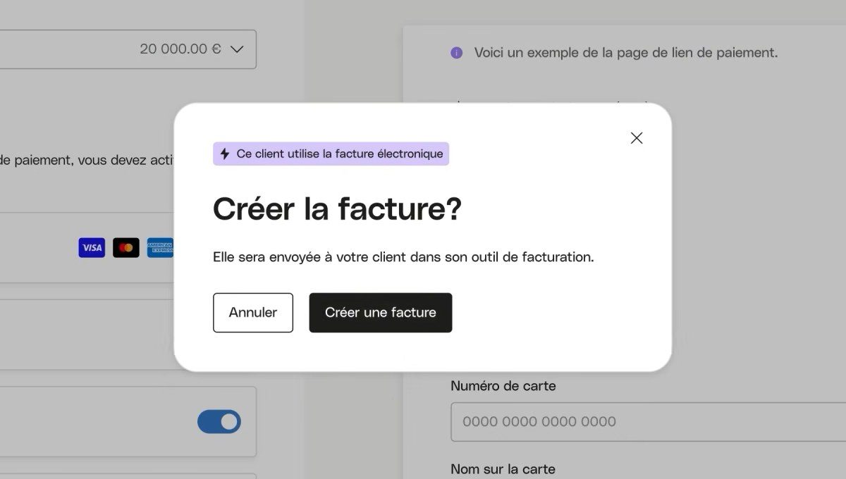 Confirmation de création d'une facture électronique envoyée vers l'outil du client dans Qonto