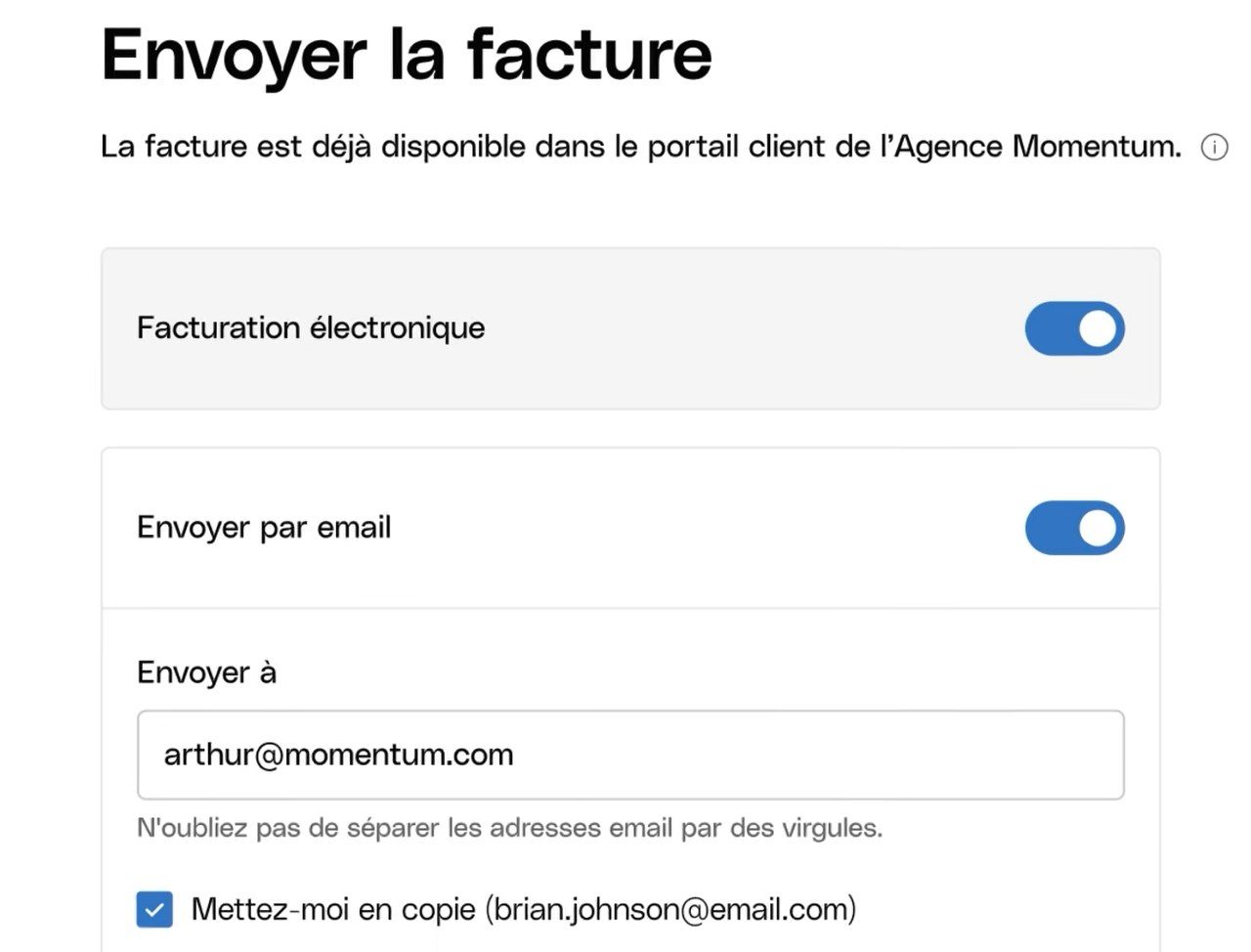 Envoi d'une facture dans Qonto avec la facturation électronique et l'e-mail activés