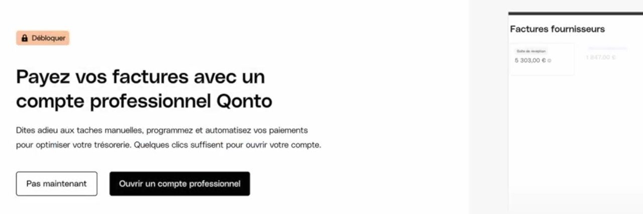 Encart Qonto proposant d'ouvrir un compte pro pour payer ses factures fournisseurs