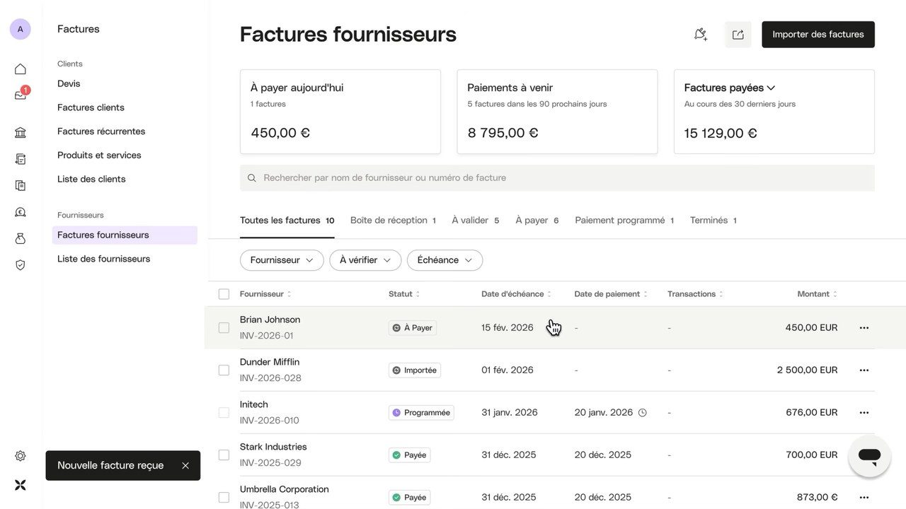 Factures fournisseurs reçues dans Qonto avec leur statut et leur échéance