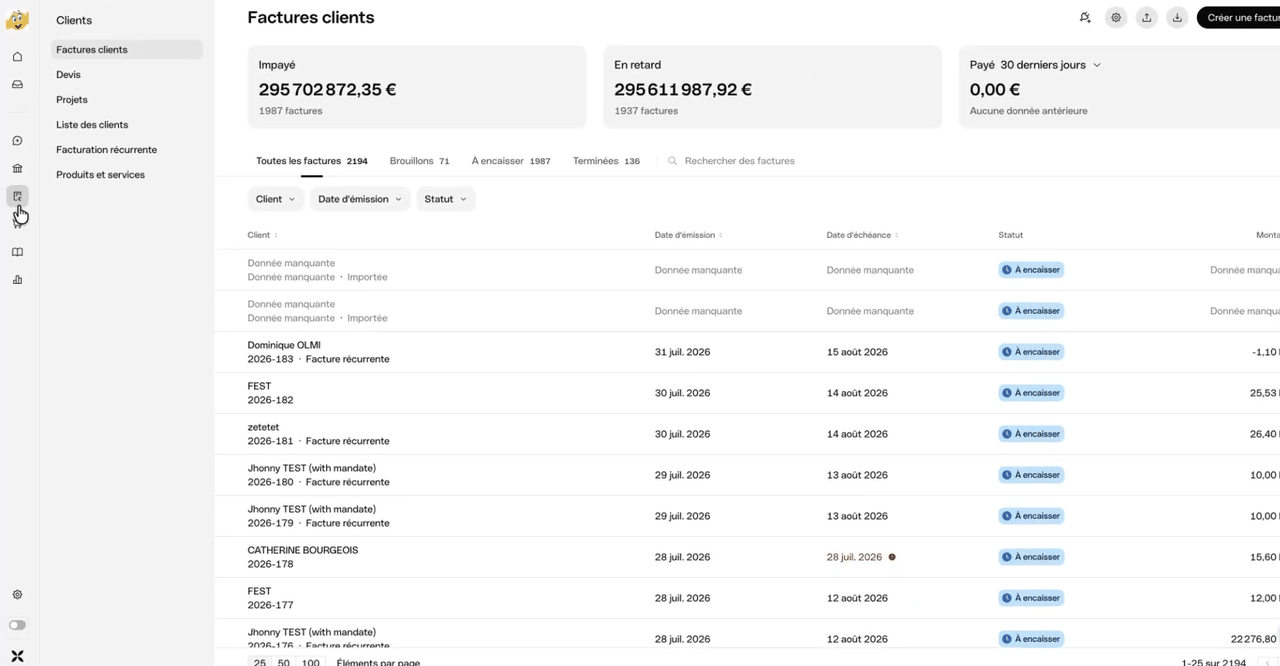 Liste des factures clients dans l'outil de facturation de Qonto