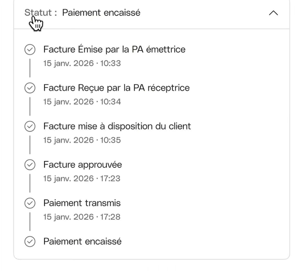 Historique des statuts d'une facture électronique dans Qonto, de l'émission à l'encaissement