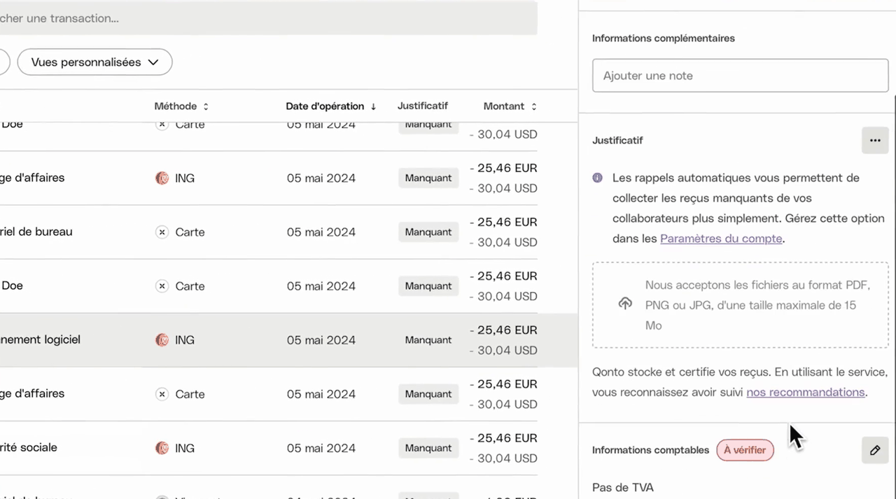 Fiche d'une transaction Qonto : ajout du justificatif et informations comptables à vérifier
