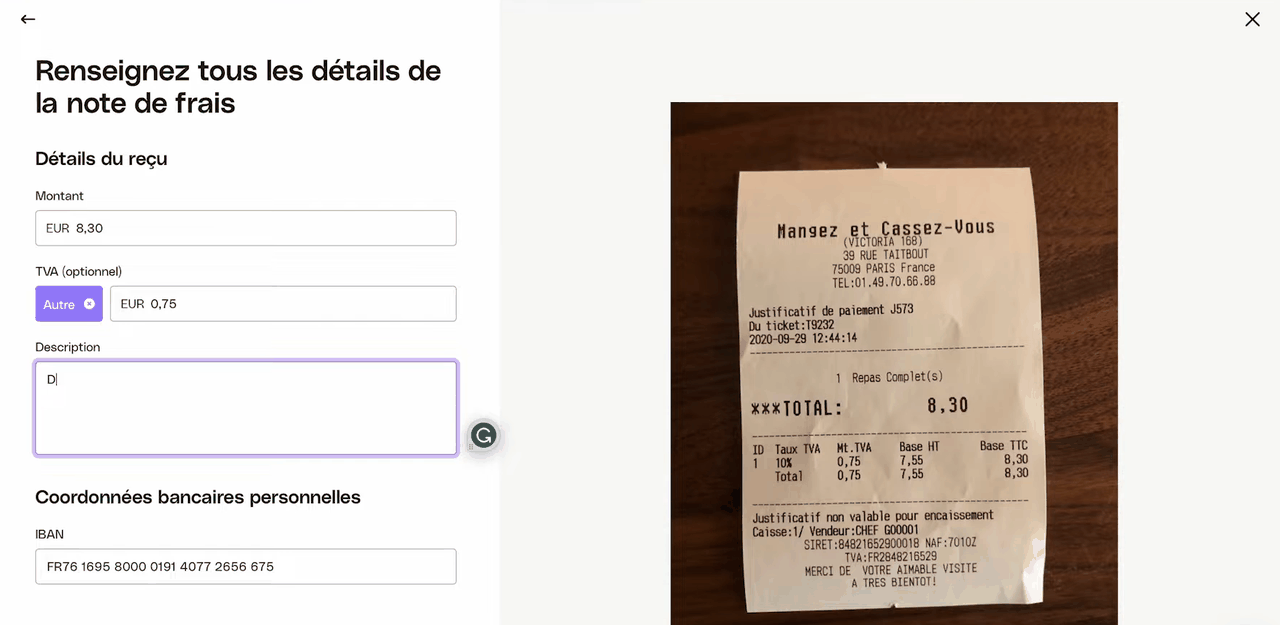 Saisie d'une note de frais dans Qonto à partir de la photo du reçu