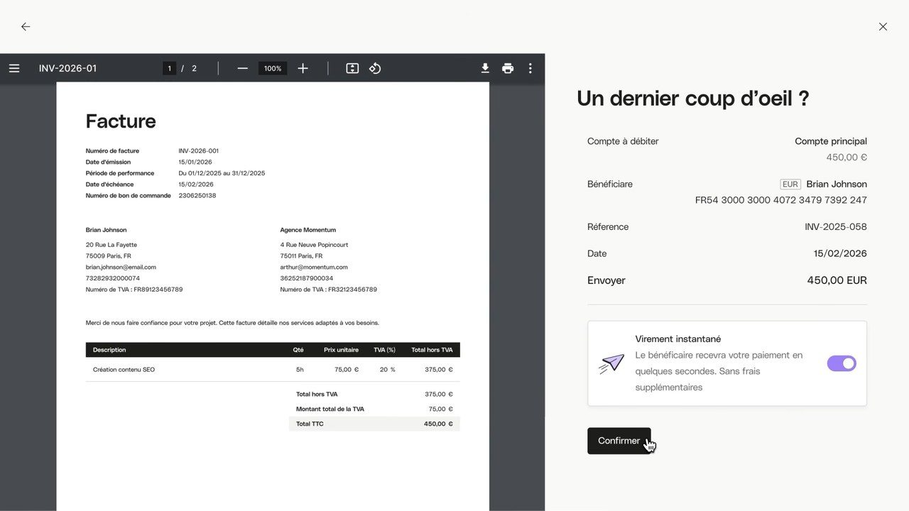 Paiement d'une facture fournisseur par virement instantané depuis le compte pro Qonto