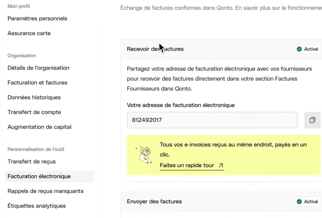 Réception et envoi des factures électroniques activés dans Qonto