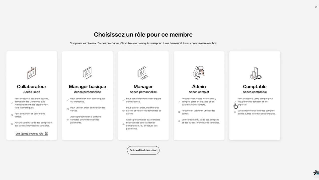 Choix du rôle d'un membre dans Qonto, dont l'accès Comptable