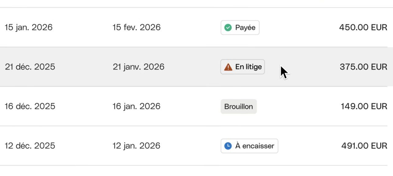 Statuts des factures clients dans Qonto : payée, en litige, brouillon, à encaisser