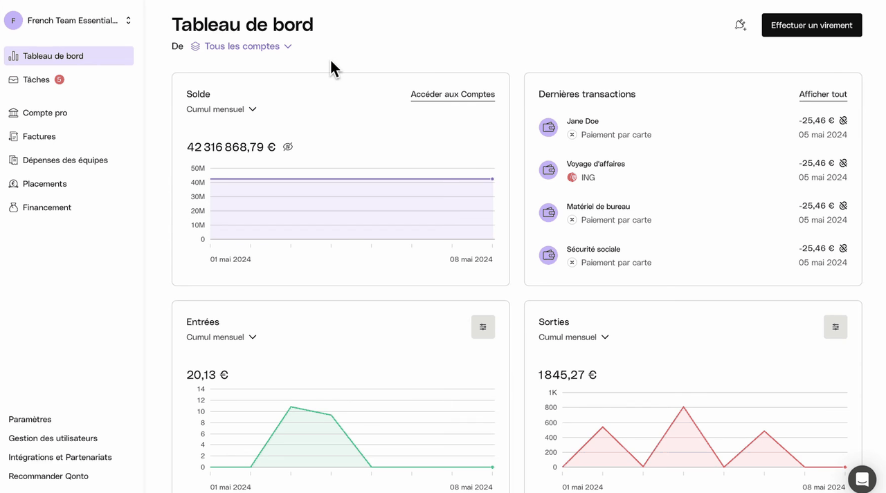 Tableau de bord de Qonto avec le solde, les dernières transactions, les entrées et les sorties
