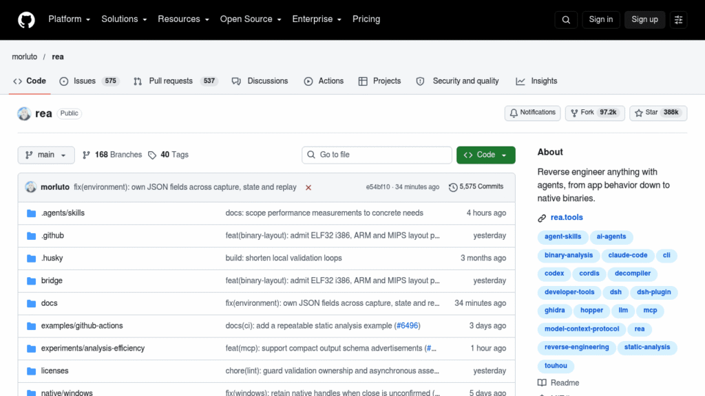 Capture d'écran du dépôt GitHub de REA