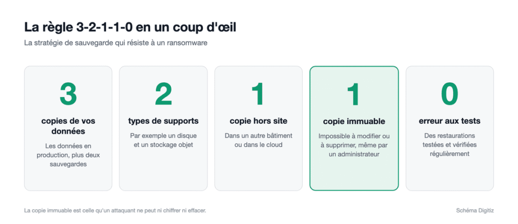 Schéma de la règle de sauvegarde 3-2-1-1-0 : trois copies, deux supports, une copie hors site, une copie immuable et zéro erreur aux tests