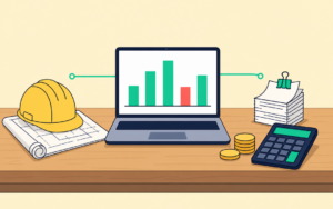 Illustration d'un bureau avec un casque de chantier posé sur un plan, un ordinateur portable affichant un graphique en barres, une pile de factures, une calculatrice et des pièces de monnaie