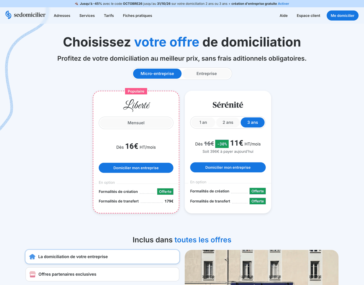 Offres de domiciliation SeDomicilier pour les micro-entreprises
