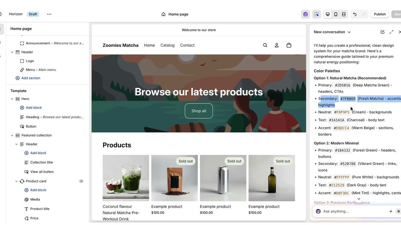Éditeur de thème Shopify avec Sidekick qui propose des palettes de couleurs