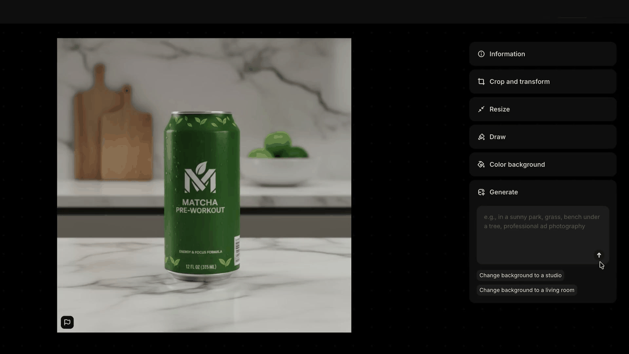 Éditeur d'images Shopify Magic pour générer un arrière-plan de photo produit
