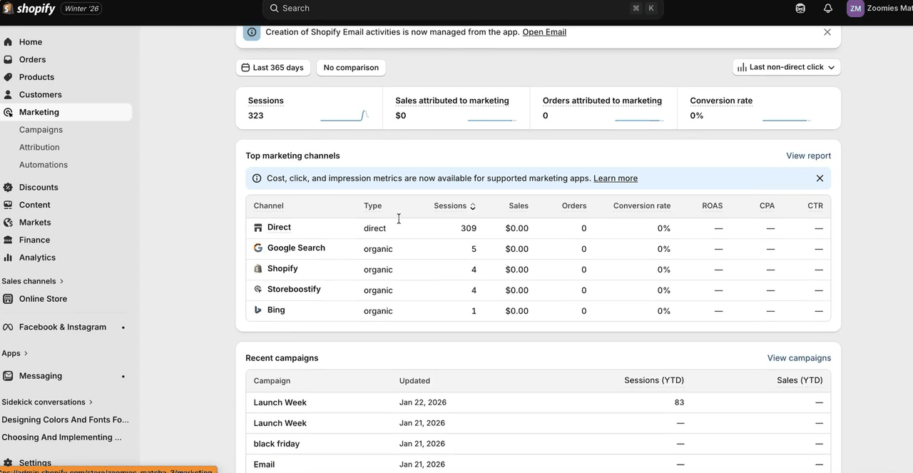 Tableau de bord marketing Shopify avec les canaux d'acquisition