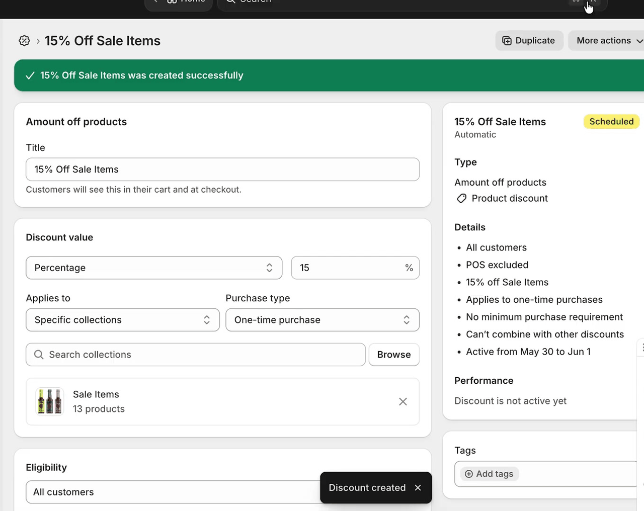 Code de réduction créé par Sidekick dans Shopify